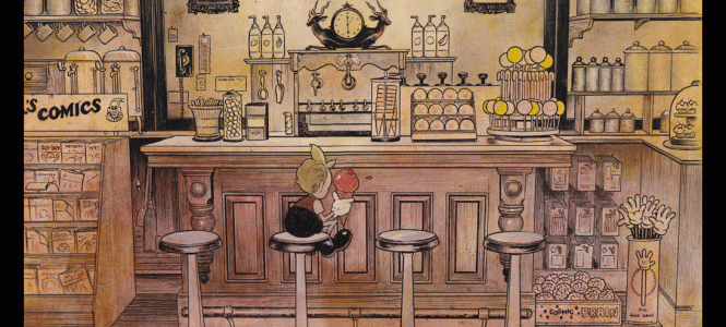 Al Columbia original artwork – ‘PIM & FRANCIE – SALMON FALLS SWEET SHOPPE’ sweet-shoppe